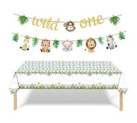 1 drapeau animal, 1 nappe animale, bannière « Wild One », drapeau des animaux de la jungle, 1er bannière d'anniversaire, décorations de fête d'animaux de la jungle