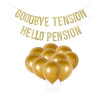 1 drapeau de train de retraite, 10 ballons dorés, bannière « GOODBYE TENSION HELLO PENSION », bannière pailletée, décoration de fête de retraite