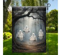 1 drapeau d'Halloween fantôme balançoire de jardin forestier, fantôme effrayant blanc esprit sombre bannière de cour impression d'un côté extérieur ferme saisonnière décoration de maison