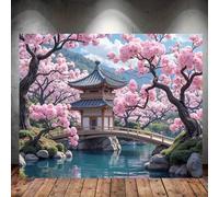 1 Drapeau mural avec fleurs de cerisier et maison de style japonais traditionnel, scène lumineuse d'un arbre de cerisier, d'un pagode et d'un pont. Peinture en tissu de polyester durable pour décorati
