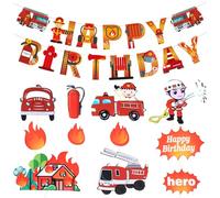 1 Drapeau Sur Le Thème Du Feu, 1 Ensemble D'Inserts De Camion De Pompier, Drapeau D'Anniversaire Sur Le Thème, Guirlande De Pompier Et De Camion De Pompier, Fond De Fête D'Anniversaire