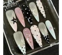 1 ensemble de 10 pièces de faux ongles longs et fins en forme de talons hauts, faits à la main de manière raffinée. Décoration d'ongles avec étoiles multicolores, pois et petits diamants. Convient pou