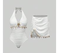 1 ensemble de 2 pièces 26SS Printemps/Été Tenue de plage élégante avec maillot de bain une pièce décoré d'étoiles de mer et de coquillages, assorti à une jupe blanche. Nouvelle arrivée de maillots de 