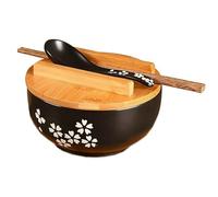 1 ensemble de bols à nouilles de riz de style japonais avec couvercle, cuillère et baguettes, vaisselle de cuisine, bol à soupe à salade en céramique, récipient pour aliments (4Pièces/ensemble-Noir)