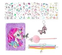 1 ensemble de chevaux arc-en-ciel, carnet violet avec serrure, bracelet tissé coloré, pendentif à paillettes, stylo gel pompon, autocollants, journal intime, cadeau d'anniversaire pour filles