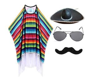 1 Ensemble De Costumes De Fête Mexicaine Pour Adultes Comprenant Un Poncho Mexicain Serape Sombrero, Un Chapeau, Des Lunettes De , Une Fausse Moustache Pour Halloween, Un Carnaval, Un Costume De