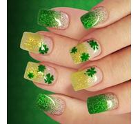 1 ensemble de faux ongles français à pression courte et scintillante, trèfles verts Patrick, dégradé, pour un événement festif, durabilité, ABS, dégradé scintillant