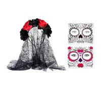 1 ensemble de guirlandes de roses d'Halloween, bandeau en voile noir vintage, tatouages temporaires pour le visage, coiffure florale