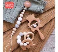 1 Ensemble De Perles De Dentition En Bois Pour Bébé, Chaîne De Sucette, Clip Éléphant, Bracelet De Dentition, Hochet Musical, Produit Montessori