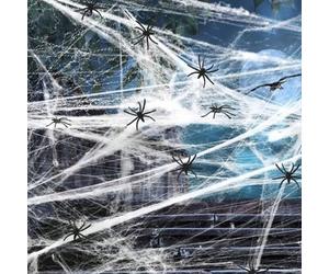 1 ensemble de toile d'araignée blanche extensible en gaze avec fausses araignées, décoration d'araignière d'Halloween, accessoires de fête d'horreur pour maison hantée, fenêtre, jardin Saphir profond