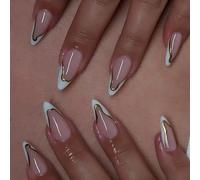 1 ensemble d'ongles artificiels à bout français - Faux ongles détachables - Amande - Couverture complète - Pour femme