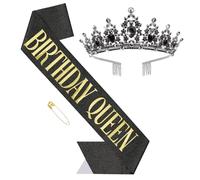 1 ensemble écharpe et couronne d'anniversaire, couronne d'anniversaire pour fille, bandeau de princesse pour le jour de la naissance (noir, standard)