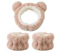 1 ensemble élastique pour femme - Bandeau de douche et bracelet en peluche avec oreilles d'ours - Pour le lavage du visage - Bandeau de maquillage à la maison