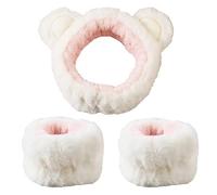 1 ensemble élastique pour femme - Bandeau de douche et bracelet en peluche avec oreilles d'ours - Pour le lavage du visage - Bandeau de maquillage à la maison