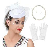1 ensemble voile et chapeau pour femme avec boucles d'oreilles, collier et gants en perles, fournitures de fête pour Halloween, cosplay, bal de fin d'année, fournitures pour femmes