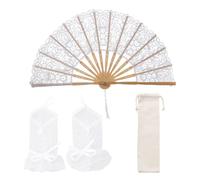 1 éventail pliable en dentelle blanche avec sac de rangement à 1 compartiment, 1 paire de gants en maille, éventail brodé creux, accessoires de robe rétro