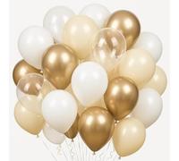 1 Fakindiy - Lot de 68 ballons de 30,5 cm - Blanc, sable, champagne doré et transparent - Avec 2 rubans de 10 m - Décoration de fête d'anniversaire, de mariage, hélium
