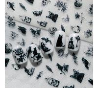 1 feuille d'autocollants d'art pour les ongles sur le thème de la magie noire, comprenant un chat noir, un crâne, une bouteille de potion, une chauve-souris, un corbeau, une plume, une rose, des éléme