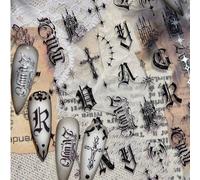 1 feuille d'autocollants pour nail art gothique noir et blanc - nouvelle arrivée - rebelle à la mode - motifs de lettres, croix et étoiles exquis, convient pour des ongles personnalisés en DIY, un cho