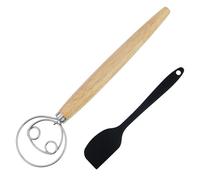 1 fouet danois en acier inoxydable à double trou pour mélanger rapidement la pâte à pain avec manche en bois fouet pour pâtisserie, pâte, pâtisserie, dessert (avec 1 spatule en silicone transparent)
