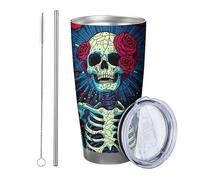 1 gobelet à motif tête de mort peint à la main - Style bohème artistique - Jolis motifs de fleurs - Feuilles - Rouge et bleu - Isotherme - En acier inoxydable - Incassable - Avec couvercle - Pour