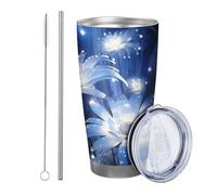 1 gobelet botanique romantique avec motif floral pailleté bleu blanc en métal inoxydable isotherme incassable pour voyage, piscine, extérieur avec couvercle - 591 ml