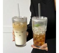 1 Gobelet en verre rayé avec paille et couvercle, bouteille d'eau portable au style minimaliste, gobelet en verre à rayures verticales, gobelet réutilisable de haute qualité pour café/jus, récipient à