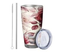 1 gobelet romantique rétro belle plante botanique fleurs feuilles esthétiques rouge blanc inoxydable refroidisseur de canettes incassable voyage piscine extérieur bureau avec couvercle tasse à boire