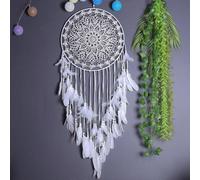 1 grand attrape-rêves bohème en plumes blanches et perles à suspendre au mur, décoration vintage pour