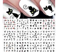 1 grande feuille, 12 designs, autocollants d'eau de chat noir, motifs mignons, curseurs holographiques, décalcomanies de transfert de dessins animés, décorations d'art d'ongle DIY Animal,Cartoon,Géomé