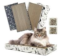 1 griffoir CORRUGATE avec herbe à chat pour chats d'intérieur avec boîte à griffoir en carton, nettoyant réversible sans danger pour les pattes (assortiment (lot de 1), imprimé animalier)
