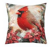 1 housse de coussin cardinal flocon de neige pour enfants, fleur de poinsettia, pomme de pin, feuille de pin, double face, décoration de Noël rustique, décoration d'intérieur, rouge vintage, pour lit
