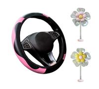 1 Housse De Volant Rose Et 2 Ornements Floraux, Housse De Volant Élastique, Housse De Protection De Volant Tendance, Décoration Intérieure De Voiture