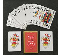 1 Jeu de 54 Cartes : Poker, belote, rami, Piquet, Manille, Bridge, l'excuse, Le Barbu, coinche, Ben Laden, Bataille, menteur, soufflette, big up, Jeu des Chevaliers, Maitre du Jeu, biskit, etc
