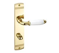 1 Jeu de béquille MATTEO laiton poli Poignée porcelaine blanc brillant Béquille de salle de bain (WC) sur plaque longue Set de salle de bain avec matériel de fixation de Sotech