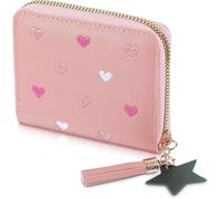 1 joli portefeuille bleu rose avec fermeture éclair en cuir synthétique avec porte-cartes de crédit, petit portefeuille de voyage avec cœur brodé étoile glands pendentif pour femme