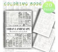 1 Livre de coloriage de paysage urbain monochrome, format A4 20 pages, reliure spirale, scènes de rue animées, architecture urbaine classique, lignes épurées et composition grandiose, style minimalist
