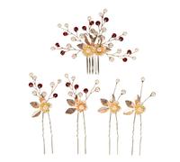 1 lot de 5 épingles à cheveux de mariée, 1 peigne latéral et 4 pinces en forme de U, épingles à cheveux avec perles, accessoires de cheveux pour femmes, mariées, demoiselles d'honneur, rouge doré