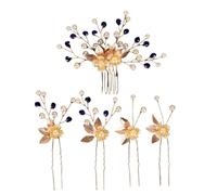 1 lot de 5 épingles à cheveux de mariée, 1 peigne latéral et 4 pinces en forme de U, épingles à cheveux avec perles, accessoires de cheveux pour femmes, mariées, demoiselles d'honneur, bleu doré
