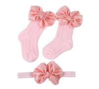 1 lot de chaussettes pour bébé - Bandeau pour bébé - Nœuds pour filles - Doux - Antidérapantes - Élastiques - Chaussettes pour enfant (rose)