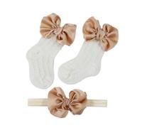 1 lot de chaussettes pour bébé - Bandeau pour bébé - Nœuds pour filles - Doux - Antidérapantes - Élastiques - En coton - Pour enfant (café)