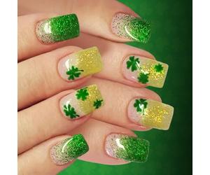 1 lot de faux ongles courts à presser Patrick Green Clovers Gradient French Glittering pour événements festifs Durabilité ABS paillettes dégradés faux ongles