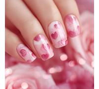 1 lot de faux ongles courts carrés en ABS avec motif cœur scintillant pour la Saint Valentin
