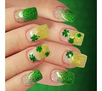 1 lot de faux ongles courts faciles à porter Patrick Day Art Vert étincelant French Tips Plusieurs tailles Paillettes dégradées Faux Faux