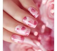 1 lot d'ongles artificiels carrés courts motif cœur à bulles sur le thème de la Saint-Valentin ABS respectueux de l'environnement et durabilité