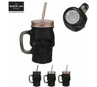 1 Mason Jar Tete De Mort Noir Mat 13 X 8 Cm Bocal Bouchon Paille Mug Jus De Fruit Noir G