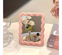 1 miroir de maquillage portable en forme de vague avec un motif floral, compact et facile à utiliser, idéal pour le maquillage et les voyages. Il peut être fixé au mur ou placé sur une table (rose)