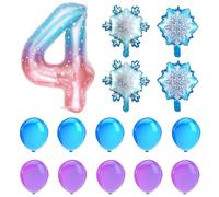 1 Morceau De Ballons Numéro 4, 4 Morceaux De Ballons De Flocon De Neige Et 10 Morceaux De Ballons Bleus Et Violets, Fournitures De Fête D'Anniversaire Pour Filles, Arrangement De Scène De Fête.