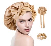 1 Morceau De Bonnet De Nuit En Ruban Avec 1 Morceau D'Élastique À Cheveux À Larges Bords,Bonnet De Nuit Extensible En Satin,Bonnet Bandeau En Soie Simulée,Chapeau De Coiffure Réglable (Or Champagne)