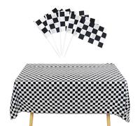 1 nappe à carreaux noir et blanc, 5 drapeaux ondulés noirs et blancs, nappe de mise en page de table, nappe de décoration pour fête du thé, nappe d'événement